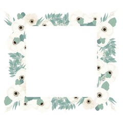 Postcard with flowers and leaves. Design concept for cards, labels and wedding invitations. Bouquets of flowers and golden round frame. Vector decorative isolated postcard.