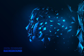 Abstract Digital Modern Futuristic Human Facial Crystal Side View Floating on Triangle Polygons as the Ground on Glowing Dark Blue Background Illustration Vector Template Design Concept