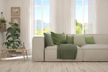 White living room with sofa and summer landscape in window. Scandinavian interior design. 3D illustration