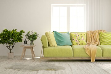 Soft color living room with sofa. Scandinavian interior design. 3D illustration