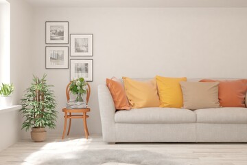 White living room with sofa. Scandinavian interior design. 3D illustration