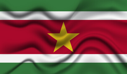 Obraz premium Abstract waving flag of Suriname with curved fabric background. Creative realistic waving flag of Suriname vector background