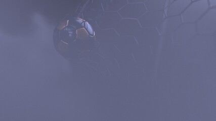 Dark Blue-Gold Soccer Ball in the Goal Net under black background with dark toned foggy smoke. 3D illustration. 3D CG. 3D Rendering. High resolution.