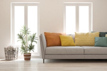 White living room with sofa. Scandinavian interior design. 3D illustration