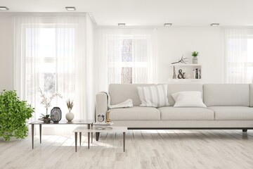 White living room with sofa. Scandinavian interior design. 3D illustration