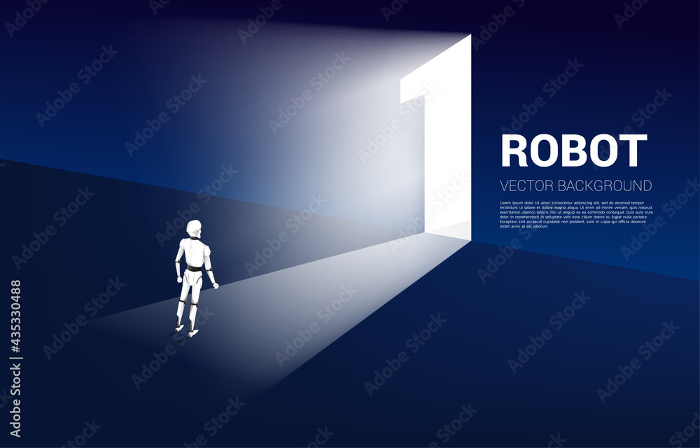Poster Robot standing in front of exit door number one. concept of artificial intelligence and machine learning worker technology.