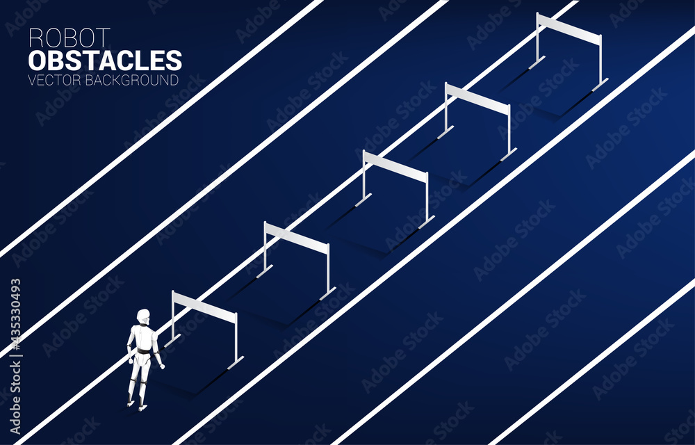 Poster Robot standing with hurdles obstacle. concept of artificial intelligence and machine learning worker technology.