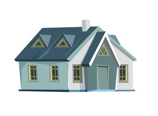 Rural house in a cheerful cartoon flat style. Isolated on white background. Half turn. Gable blue roof. Small cozy suburban cottage. Rural village. Plastered walls. Vector.