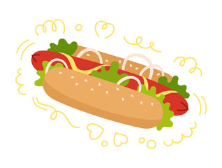 Hotdog American Fast food. Hand drawn cartoon hot dog bun, salad and onions. Menu delicious fast food for menu, poster, card, banner, flyer. Tasty unhealthy lunch. Vector illustration