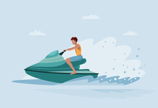 Young man rides jet boat scooter on sea waves. Concept of entertaining water sport. Vector illustration in flat style