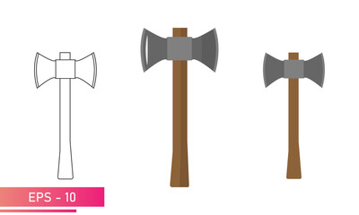 Set of axes with wooden handle, double-sided axe. Realistic and linear design. On a white background. Tools for the forester and woodcutter. Flat vector illustration.