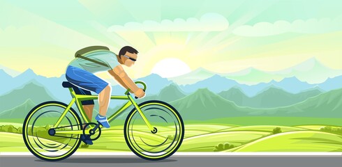 Obraz premium The boy rides a bicycle. Cycling. Fitness and healthy lifestyle. Flat cartoon style. Against the backdrop of the countryside with meadows and fields. Athletics. Illustration Vector