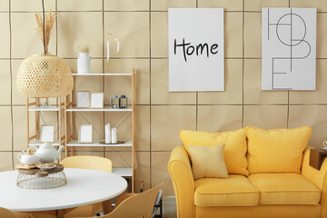 Interior of modern dining room with cozy sofa