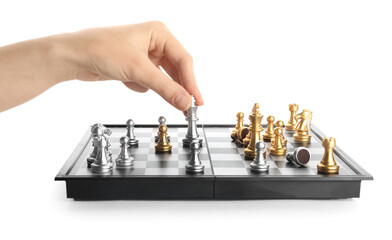Woman playing chess on white background, closeup
