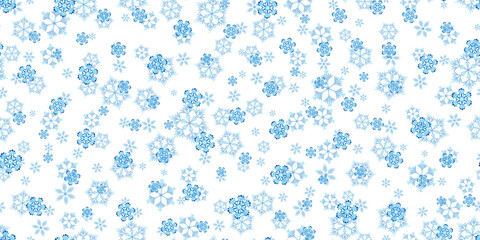 Winter seamless pattern with blue snowflakes on white background. Vector illustration for fabric, textile wallpaper, posters, gift wrapping paper. Christmas vector illustration. Falling snow