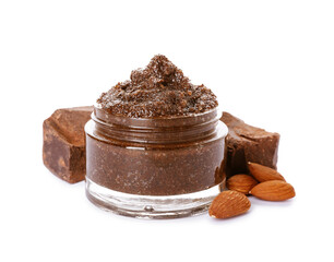 Jar with natural body scrub on white background