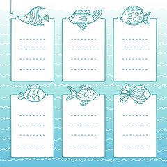 Bullet journal hand-drawn vector frames with different fish for notebook, diary, and planner.
