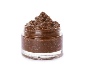 Jar with natural body scrub on white background