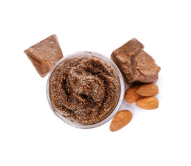 Jar with natural body scrub on white background
