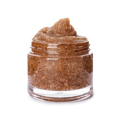 Jar with body scrub on white background