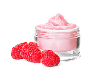 Jar with raspberry body scrub on white background