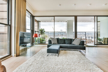 Modern interior design of contemporary open space apartment with comfortable sofa and soft carpet...