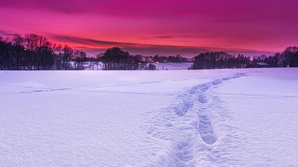 Zimowy krajobraz pół zasypanych śniegiem w czasie zachodu słońca