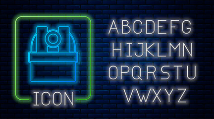 Glowing neon Astronomical observatory icon isolated on brick wall background. Observatory with a telescope. Scientific institution. Neon light alphabet. Vector