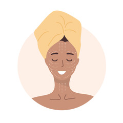 Facial massage. Woman portrait with lymphatic massage scheme. Morning routine. Skin care concept. Vector illustration in flat cartoon style.
