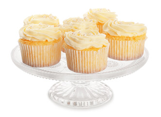 Dessert stand with tasty cupcakes on white background