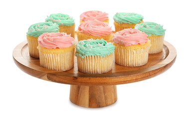 Dessert stand with tasty cupcakes on white background