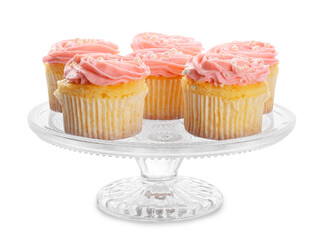 Dessert stand with tasty cupcakes on white background