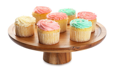 Dessert stand with tasty cupcakes on white background