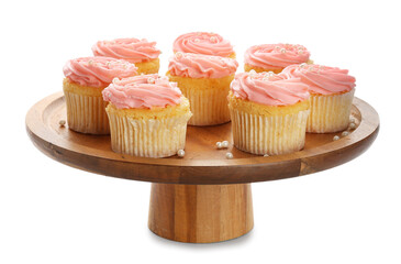 Dessert stand with tasty cupcakes on white background