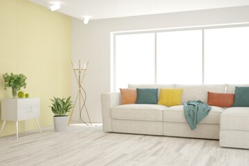 Soft color living room with sofa. Scandinavian interior design. 3D illustration