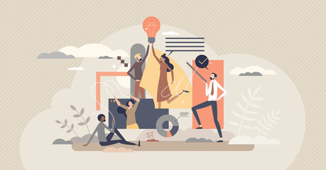 Teamwork creativity and new innovative idea development tiny person concept. Collaboration and partnership for high efficiency and better outcome vector illustration. Colleagues work together scene.
