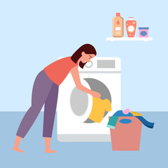 Woman doing laundry with washing machine in flat design. Housewife with basket of cleaned clothes.
