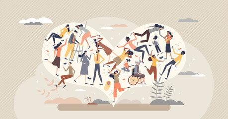 Diverse community with various different society groups tiny person concept. Diversity with multicultural, multiracial and international people vector illustration. All population solidarity and unity - obrazy, fototapety, plakaty