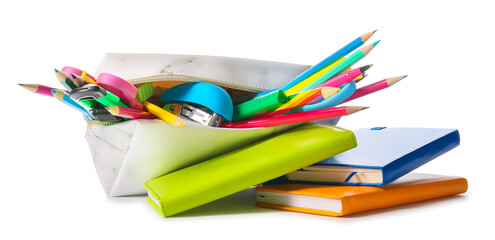 Pencil case with stationary on white background