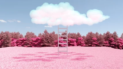 Foto op Aluminium Conceptueel landschaps roze gras onder bewolkt met roze bosachtergrond. 3D-rendering, minimaal idee conceptueel. © HappyAprilBoy