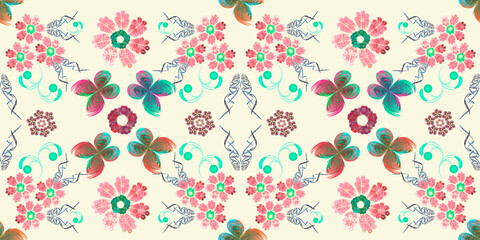 Fractal seamless pattern of abstract butterflies and flowers on a beige background. Horizontal cropping