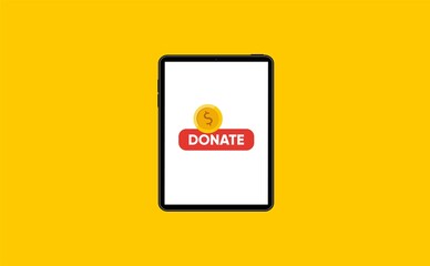 Donate online concept. Smartphone with gold coin and button on smartphone screen.