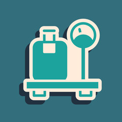 Obraz premium Green Scale with suitcase icon isolated on green background. Logistic and delivery. Weight of delivery package on a scale. Long shadow style. Vector