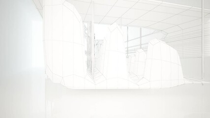 Abstract architectural background. Flying on a white minimalistic interior. Futuristic modern space. Polygonal drawing of an array. Bright neon lighting. 3D animation and rendering.