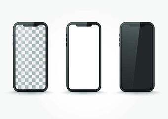 Mobile phone isolated mock-up display. Set of smart phone screen on blank background. Electronic object with shadow vector.