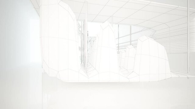 Abstract architectural background. Flying on a white minimalistic interior. Futuristic modern space. Polygonal drawing of an array. Bright neon lighting. 3D animation and rendering.