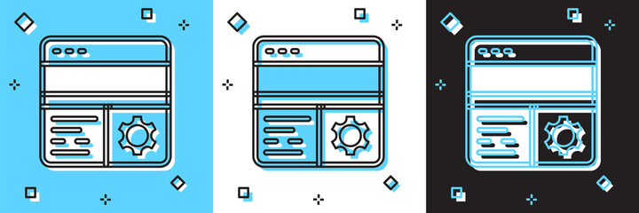Set Debugging icon isolated on blue and white, black background. Debugging tool. Magnifying glass on bug programming. Testing and setting software. Vector