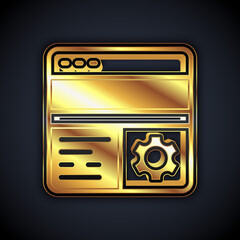 Gold Debugging icon isolated on black background. Debugging tool. Magnifying glass on bug programming. Testing and setting software. Vector