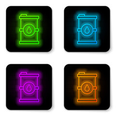 Glowing neon line Bio fuel barrel icon isolated on white background. Eco bio and canister. Green environment and recycle. Black square button. Vector