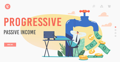 Progressive Passive Income Landing Page Template. Tiny Businessman Sitting with Legs on Office Desk near Huge Money Tap
